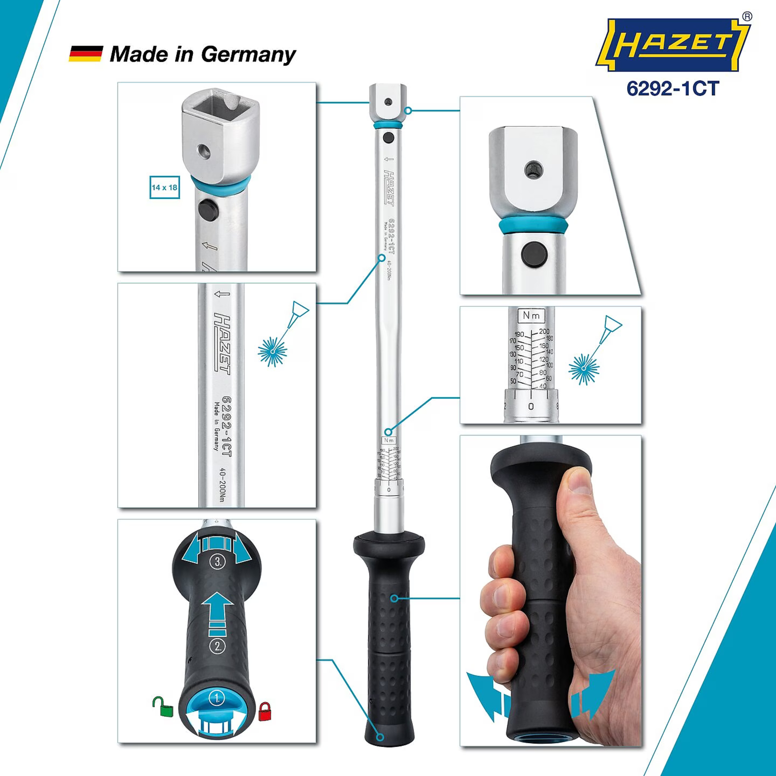 Clé dynamométrique 40–200 Nm carré femelle 14 x 18 précision 2 % 511 mm HAZET - 6292-1CT