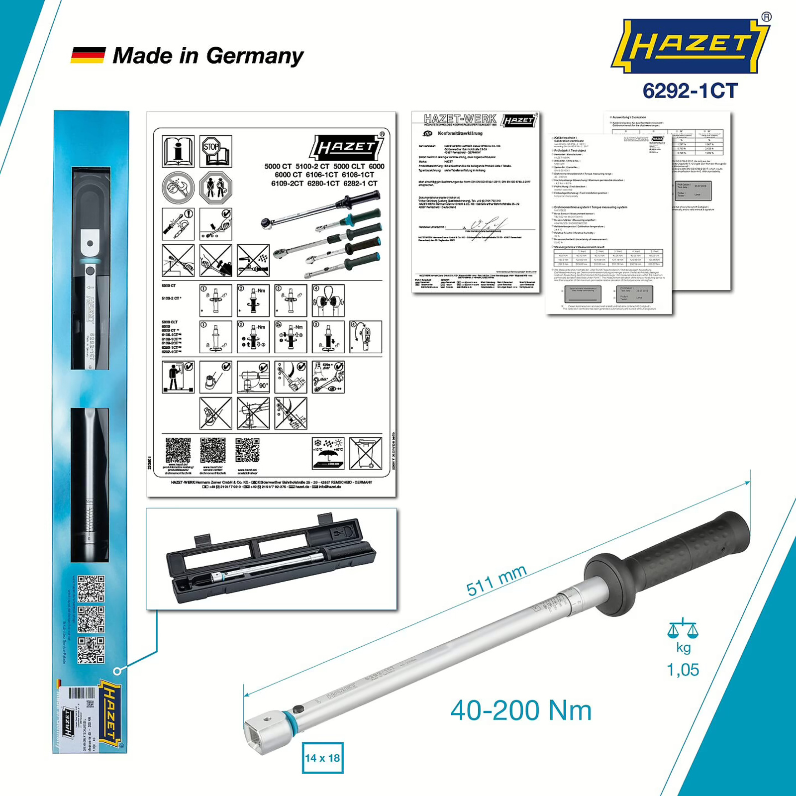 Clé dynamométrique 40–200 Nm carré femelle 14 x 18 précision 2 % 511 mm HAZET - 6292-1CT