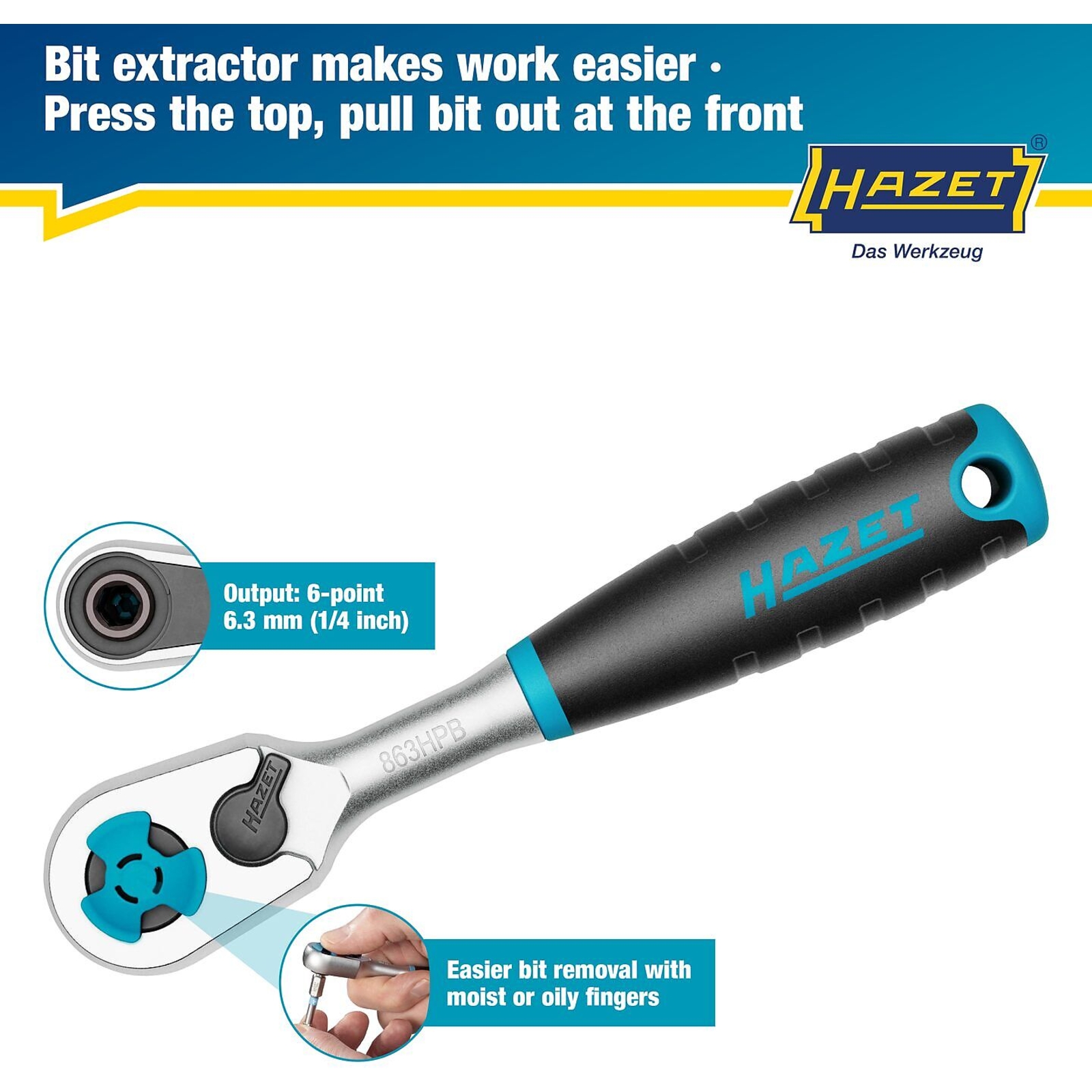 Cliquet réversible HiPer 116 mm 90 dents avec extracteur embouts bits HAZET - 863HPB