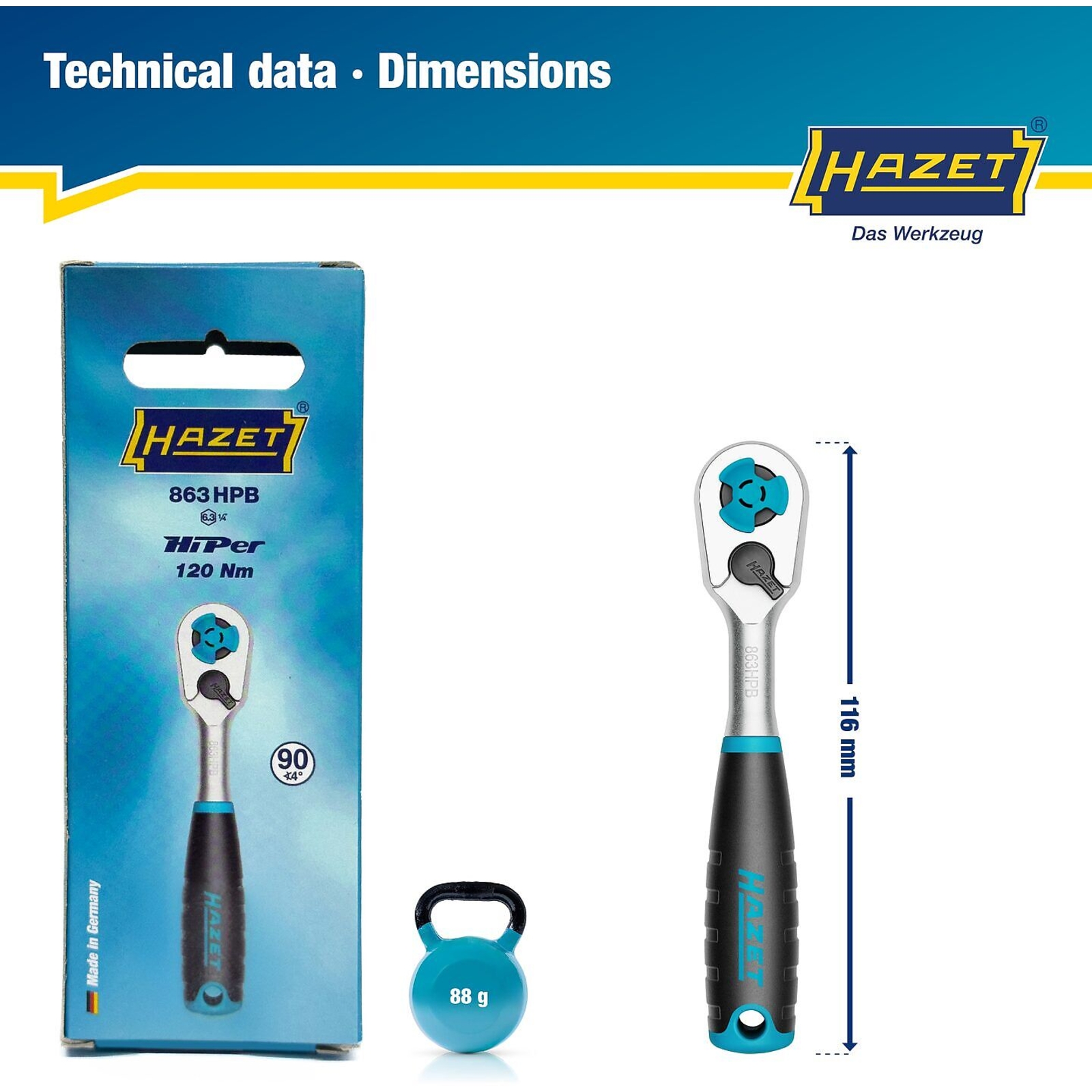 Cliquet réversible HiPer 116 mm 90 dents avec extracteur embouts bits HAZET - 863HPB