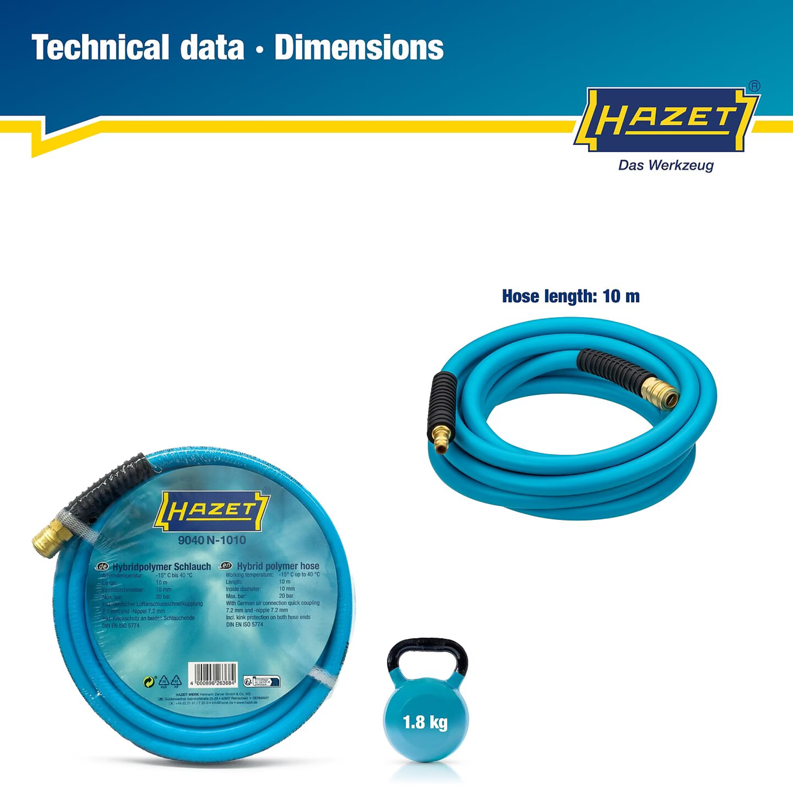 Tuyau d'air comprimé 10 m Ø10 mm PVC-NBR avec raccord 7,2 mm type 1 HAZET - 9040N-1010