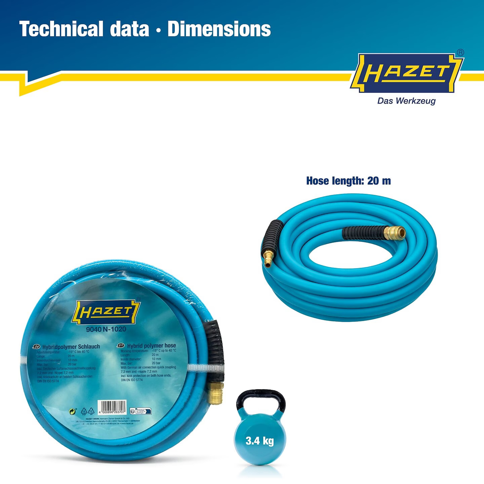 Tuyau d'air comprimé 20 m Ø10 mm PVC-NBR avec raccord 7,2 mm type 1 HAZET - 9040N-1020