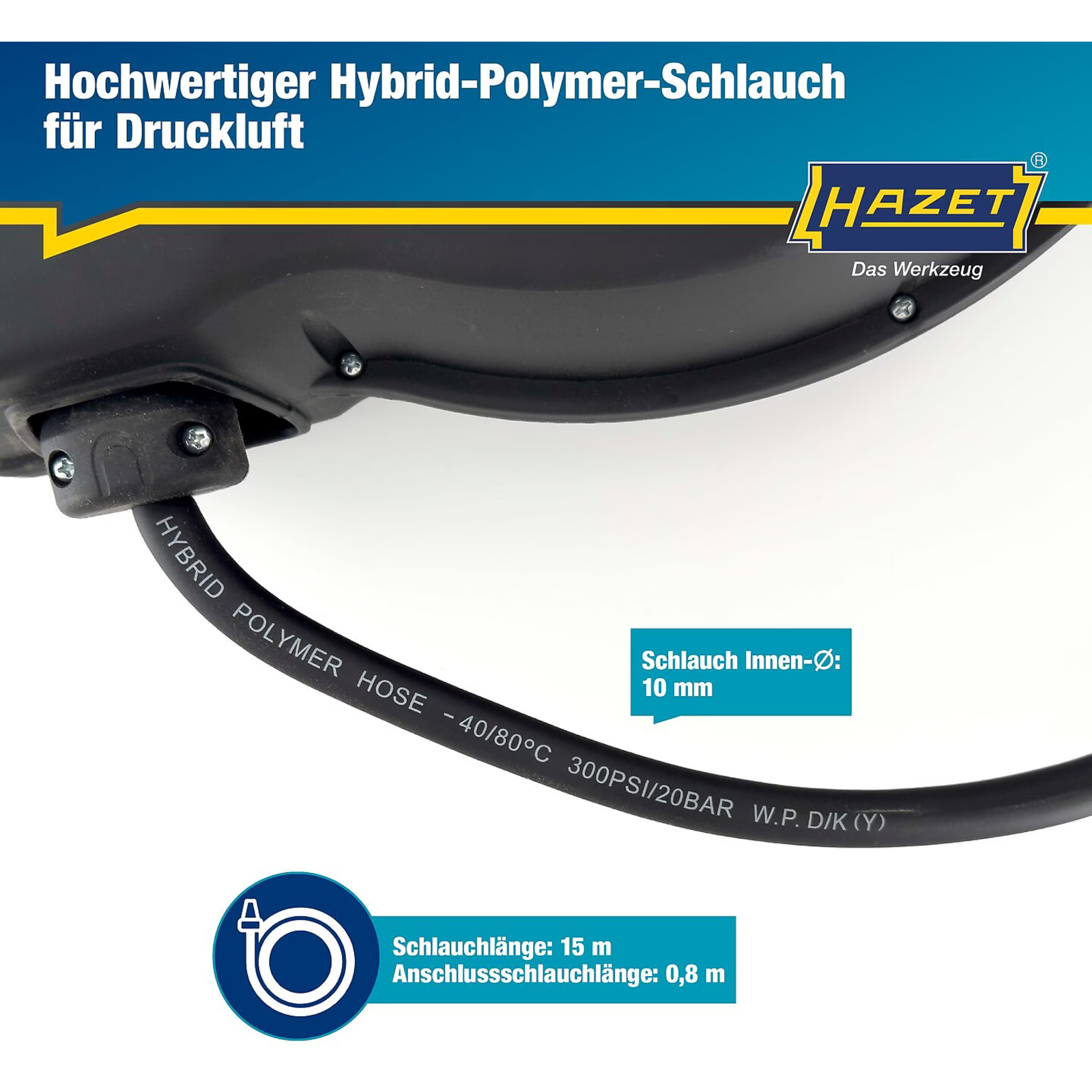 Enrouleur de tuyau 15 m Ø10 mm avec filetage BSPT HAZET - 9040N-10