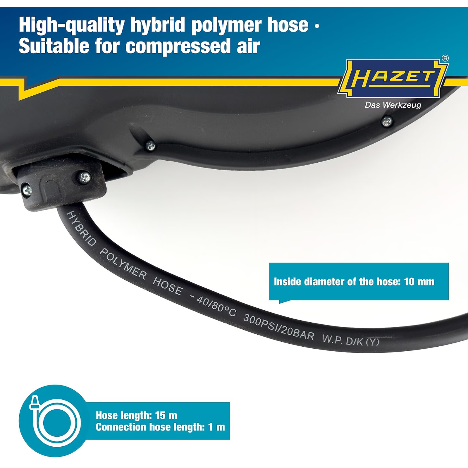 Enrouleur de tuyau automatique 15 m Ø13 mm avec boîtier plastique HAZET - 9040N-13
