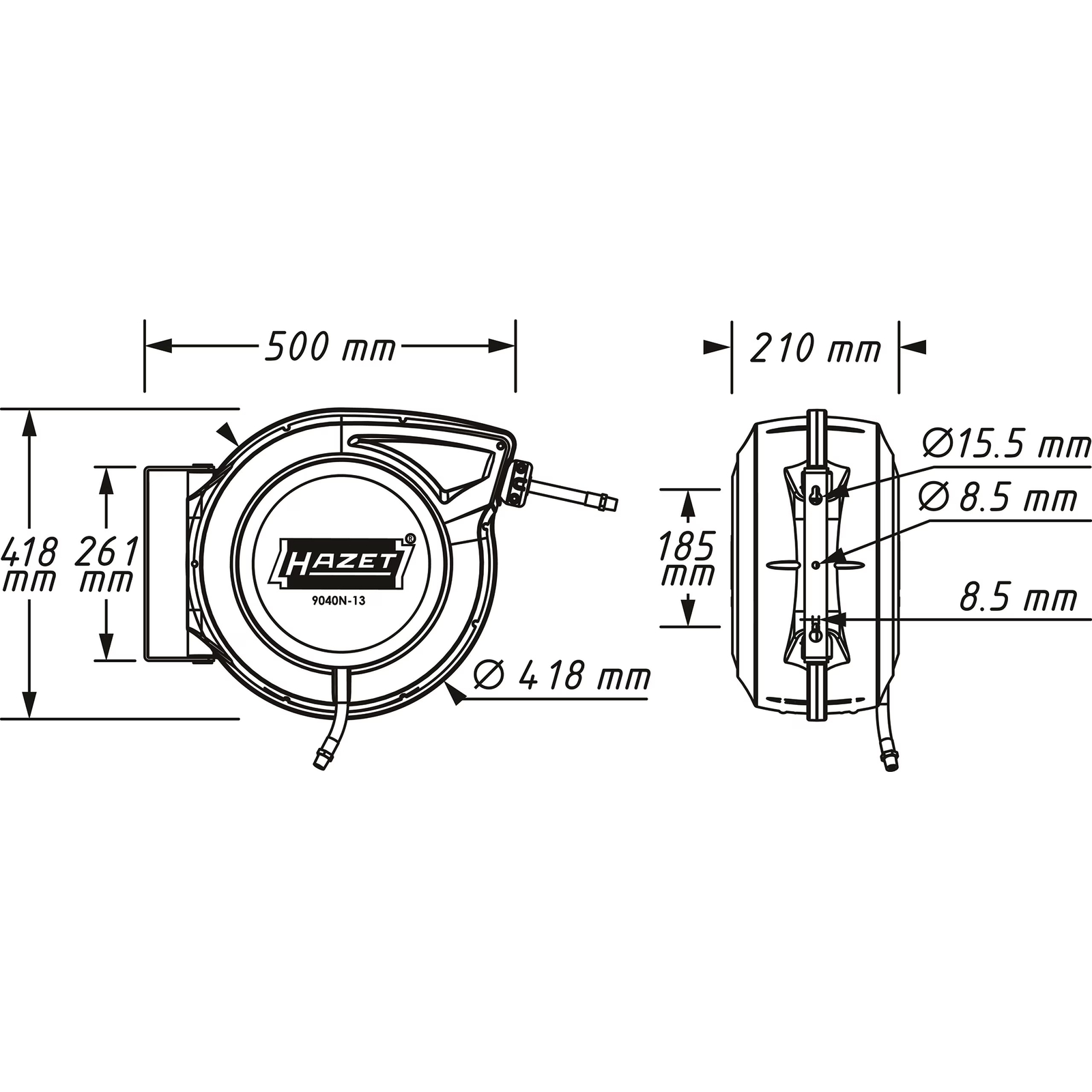 Enrouleur de tuyau automatique 15 m Ø13 mm avec boîtier plastique HAZET - 9040N-13