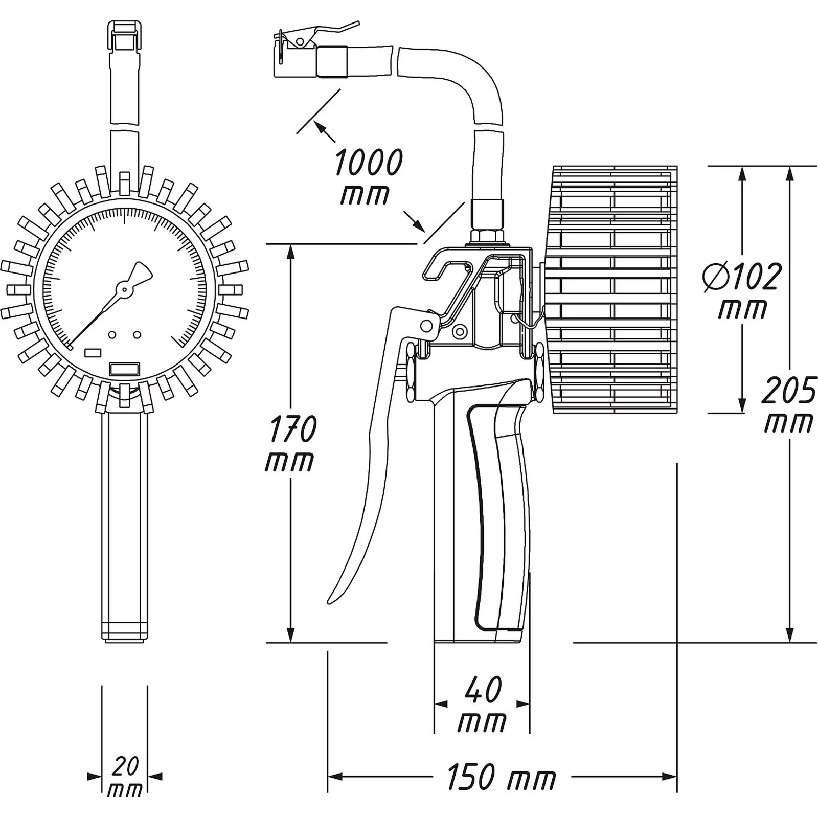 Pistolet de gonflage étalonné 0-12 bar manomètre 80 mm avec tuyau 1000 mm HAZET - 9041G-1
