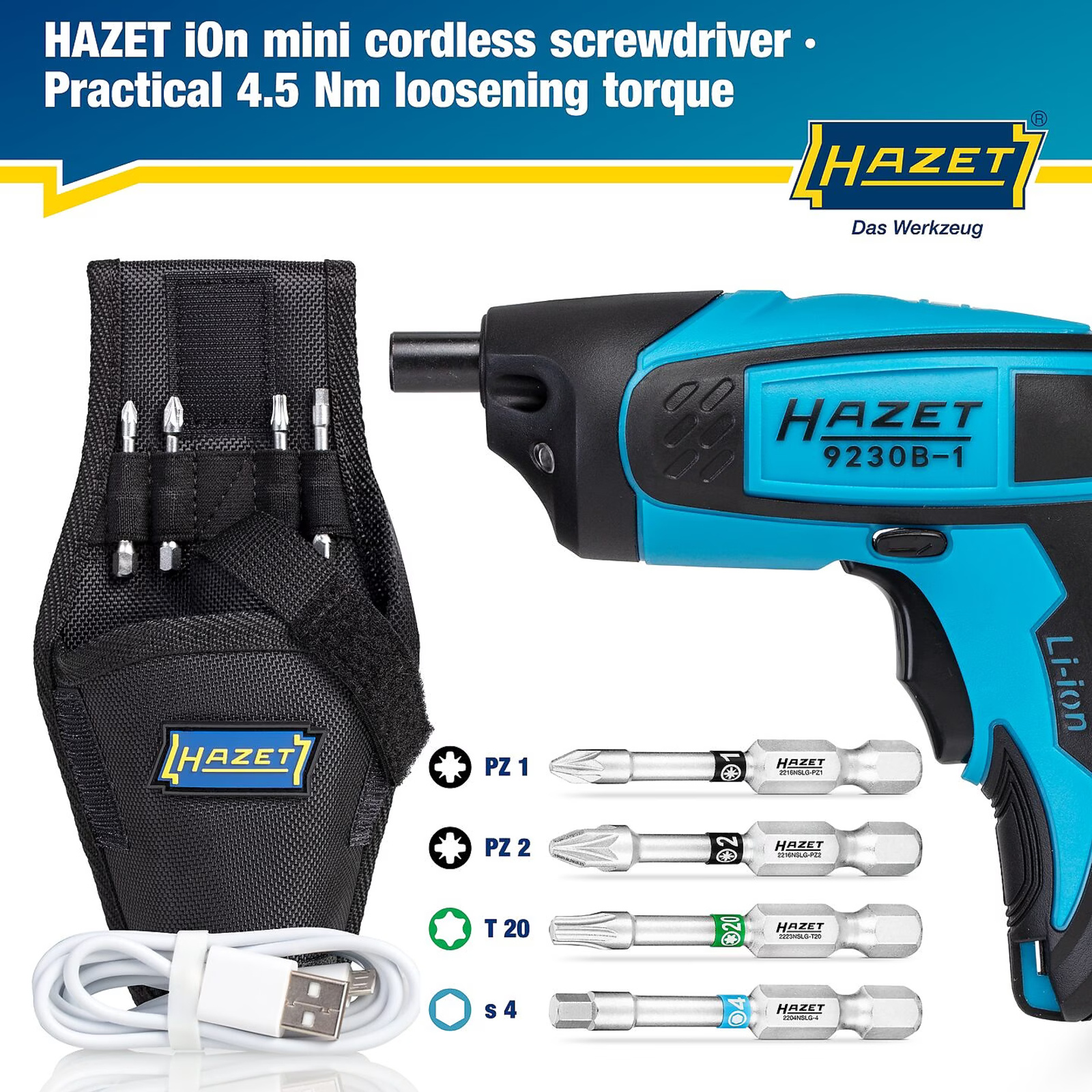 Jeu d'embouts-tournevis 7 pièces 4,5 Nm avec câble USB et holster HAZET - 9230B-1