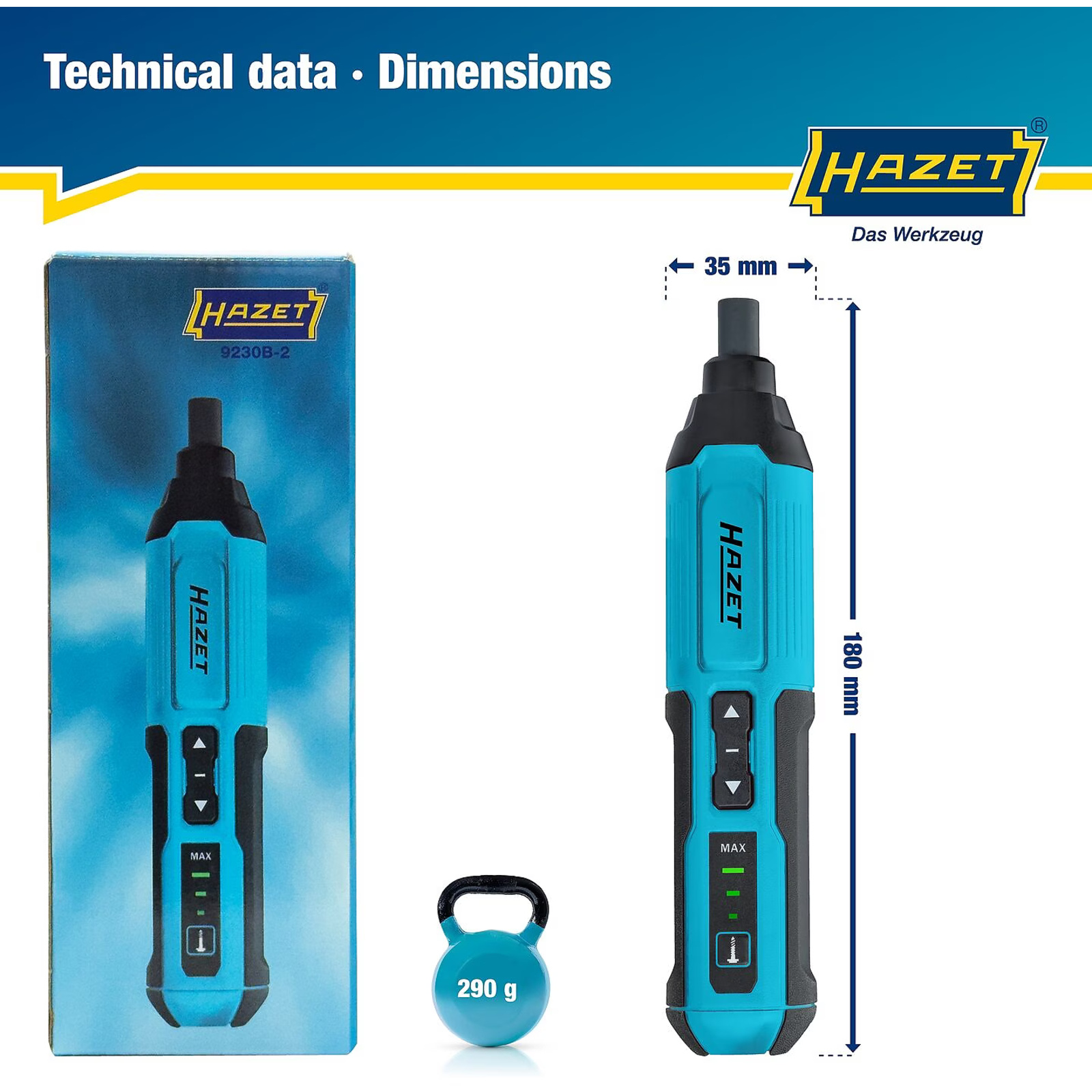 Tournevis sans fil 5 Nm hexagone creux 1/4 pouce avec LED et charge USB-C HAZET - 9230B-2