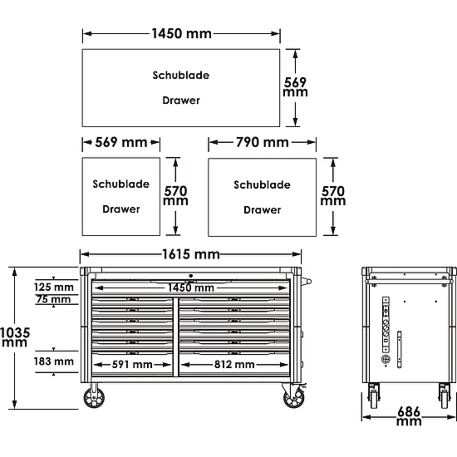 Servante d'atelier séries XXL plateau de travail en acier inoxydable vide  VIGOR - V4481-XXL
