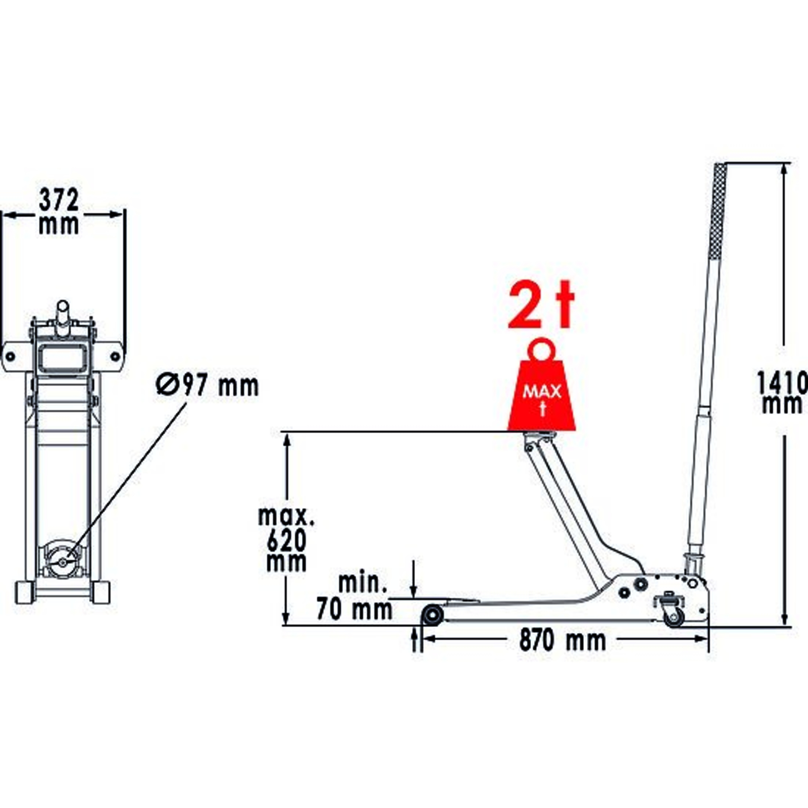 Cric de service hydraulique 2 tonnes extra long  VIGOR - V6028-2.0-L