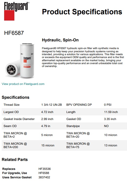 FILTRE HYDRAULIQUE FLEETGUARD HF6587 EQUIVALENT A HIFI SH 66659