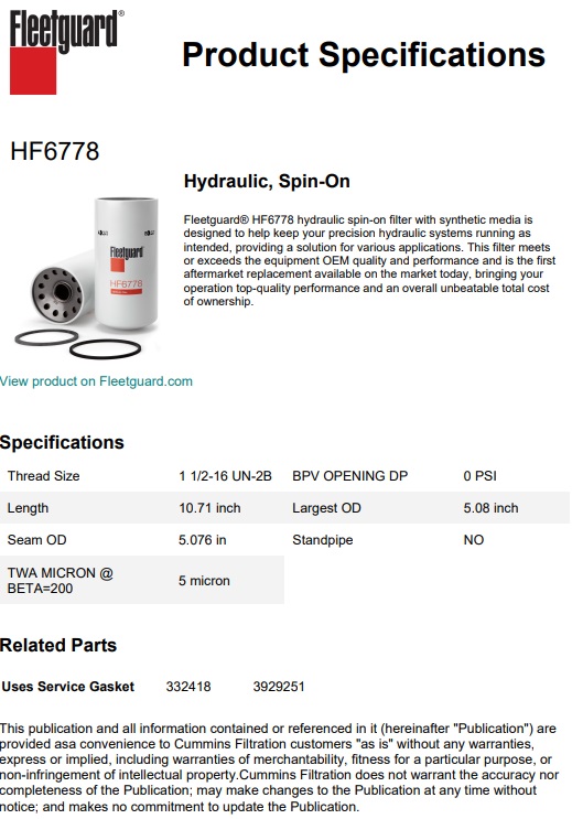 FILTRE HYDRAULIQUE FLEETGUARD HF6778 EQUIVALENT A HIFI SH 56757