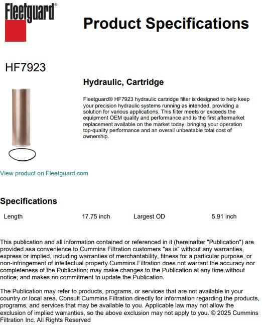 FILTRE HYDRAULIQUE FLEETGUARD HF7923 EQUIVALENT A HIFI SH 60135