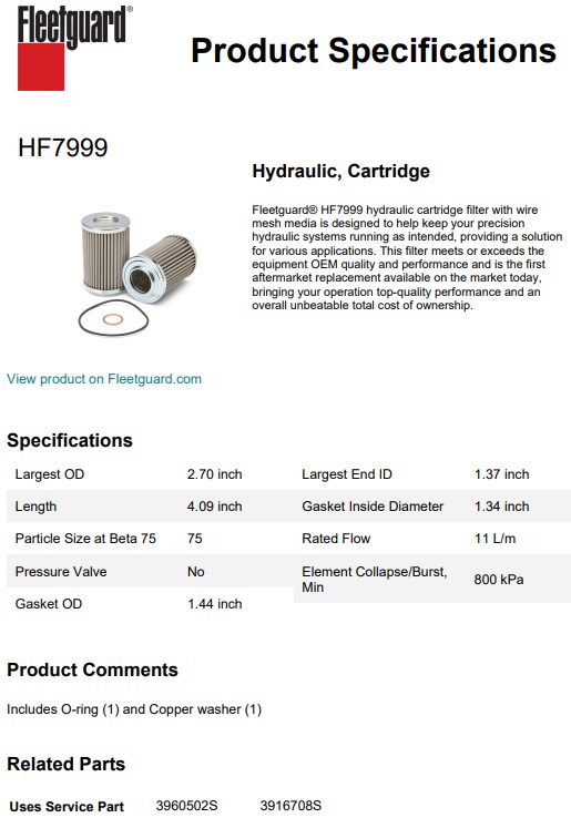 FILTRE HYDRAULIQUE FLEETGUARD HF7999 EQUIVALENT A HIFI SH 52711