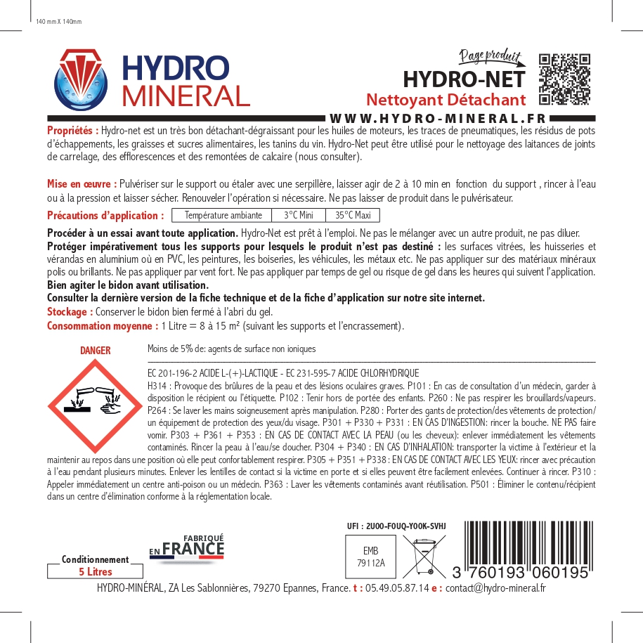 Bidon nettoyant puissant décapant,détachant et dégraissant sols poreux urbains 20 L HYDRO MINERAL - HN20