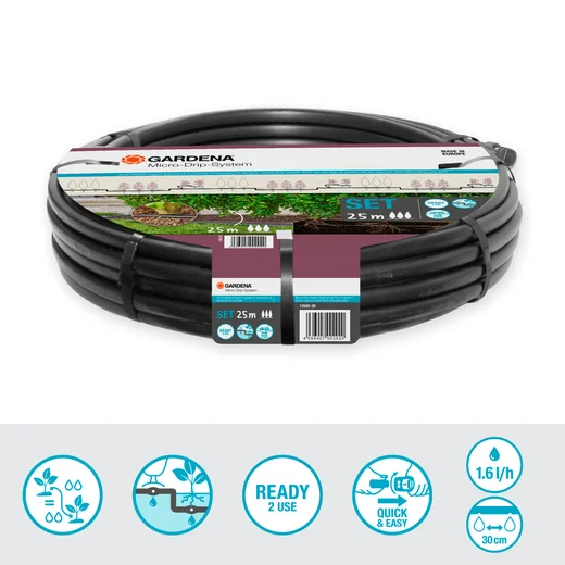Kit d'initiation 25 m de tuyau à goutteurs incorporés et bouchon fin de ligne - GARDENA - 13502-26