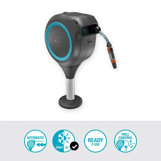 Dévidoir automatique pour terrasse RollUp S tuyau de 15 m bleu turquoise - enroulement automatique - GARDENA - 18605-20