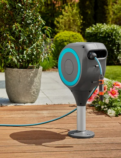 Dévidoir automatique pour terrasse RollUp S tuyau de 15 m bleu turquoise - enroulement automatique - GARDENA - 18605-20