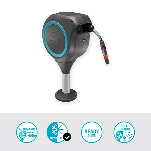 Dévidoir automatique pour terrasse RollUp M, tuyau de 20 m bleu turquoise - enroulement automatique - GARDENA - 18615-20