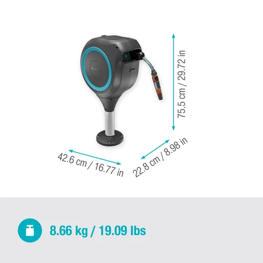Dévidoir automatique pour terrasse RollUp M, tuyau de 20 m bleu turquoise - enroulement automatique - GARDENA - 18615-20