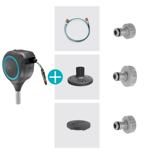 Dévidoir automatique pour terrasse RollUp M, tuyau de 20 m bleu turquoise - enroulement automatique - GARDENA - 18615-20