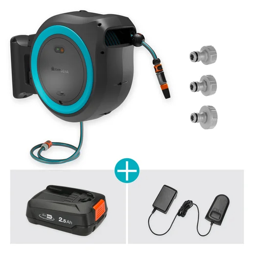 Dévidoir mural PowerRoll XL 35 m 35/18V P4A bleu turquoise - Kit prêt à l'usage - GARDENA - 18640-20