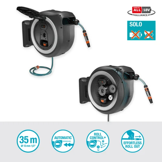 Dévidoir automatique mural sur batterie PowerRoll XL 35/18V P4A tuyau de 35 m blanc - sans chargeur ni batterie - GARDENA - 18642-55