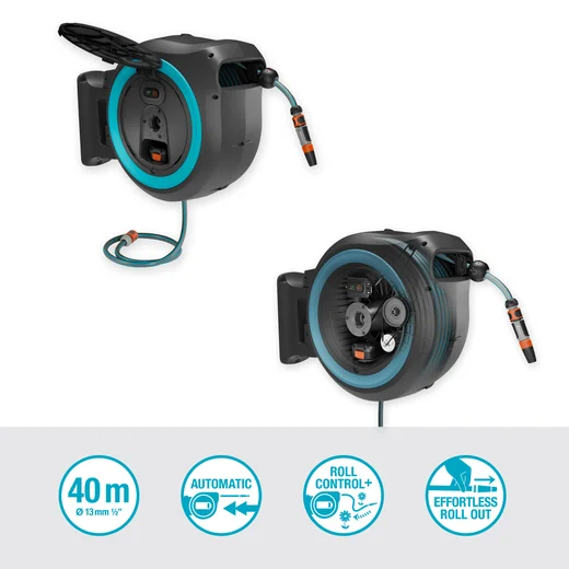 Dévidoir automatique mural sur batterie PowerRoll XXL 40/18V P4A tuyau de 40 m bleu turquoise - GARDENA - 18645-20