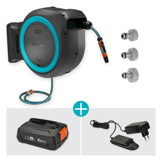 Dévidoir automatique mural sur batterie PowerRoll XXL 40/18V P4A tuyau de 40 m bleu turquoise - GARDENA - 18645-20