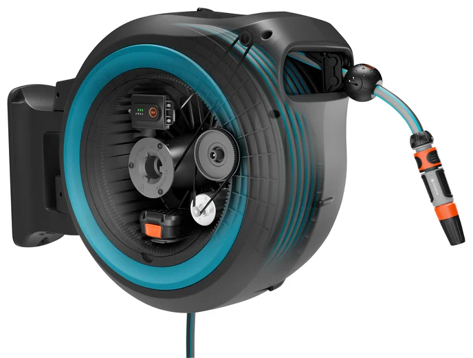 Dévidoir automatique mural sur batterie PowerRoll XXL 40/18V P4A tuyau de 40 m bleu turquoise - GARDENA - 18645-55