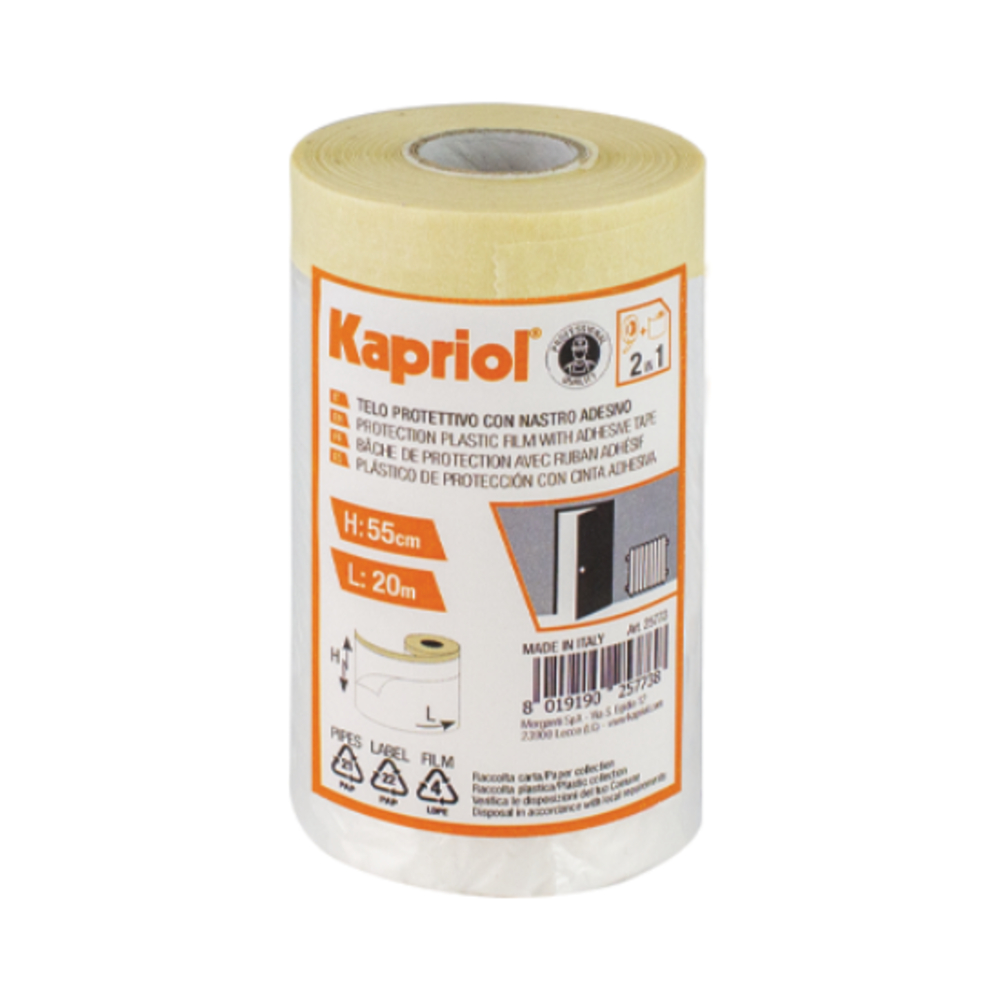 BACHE DE PROTECTION AVEC RUBAN ADHESIF POLYETHYLENE 140CMX33MT - KAPRIOL - 25774