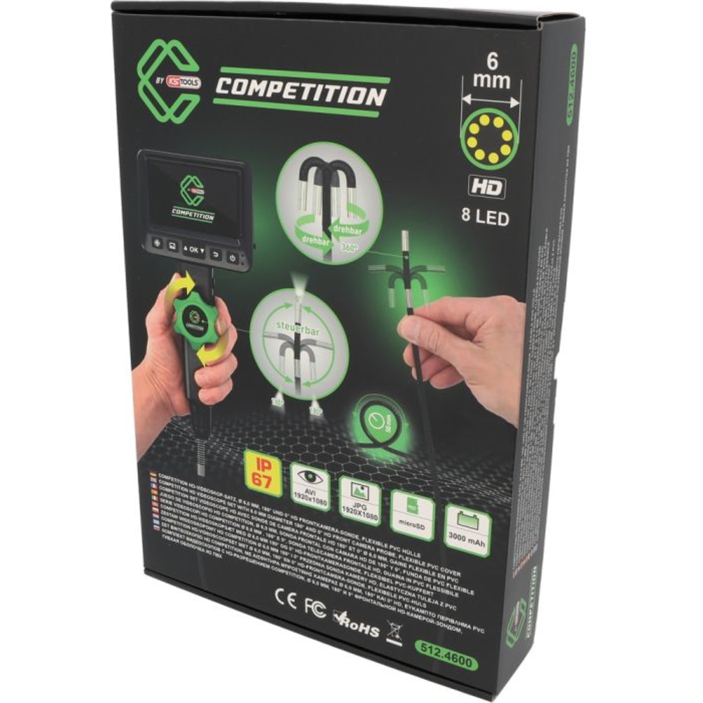 Vidéoscope COMPETITION HD avec sonde de caméra frontale flexible 180° et 0° D6,0 mm - KS TOOLS - 512.4600