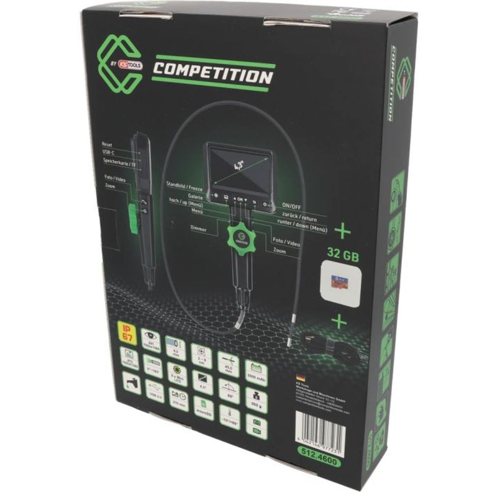 Vidéoscope COMPETITION HD avec sonde de caméra frontale flexible 180° et 0° D6,0 mm - KS TOOLS - 512.4600