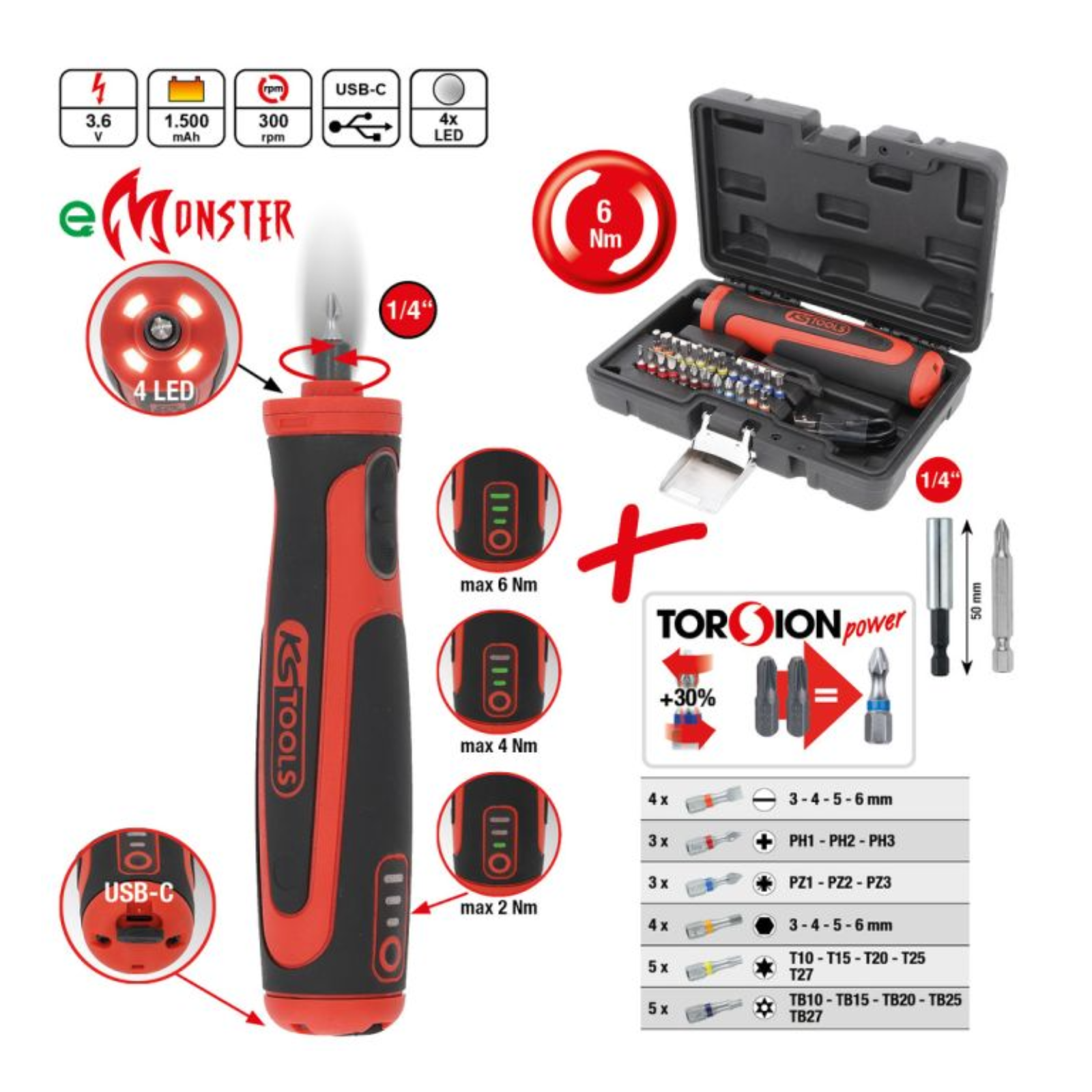 Coffret KS TOOLS tournevis sur batterie et embouts eMONSTER 1/4'', 27 pcs, 6 Nm 515.6550