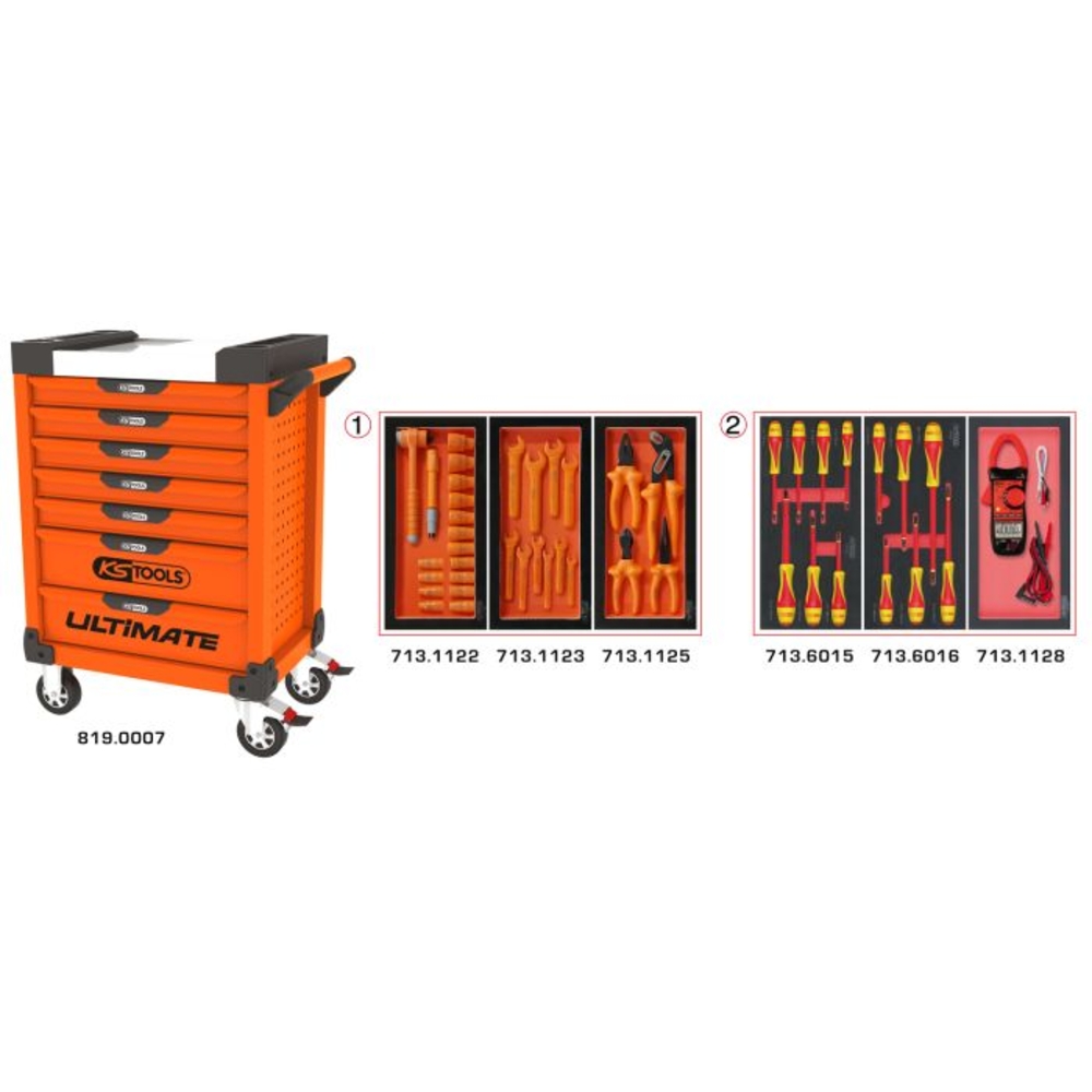 Servante ULTIMATE 7 tiroirs orange équipée de 44 outils isolés et d'une pince ampèremétrique KS TOOLS - 819.7045