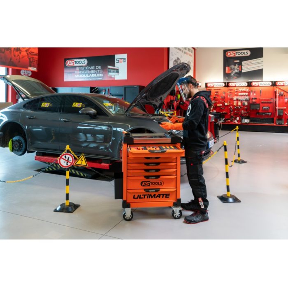 Servante ULTIMATE 7 tiroirs orange équipée de 44 outils isolés et d'une pince ampèremétrique KS TOOLS - 819.7045
