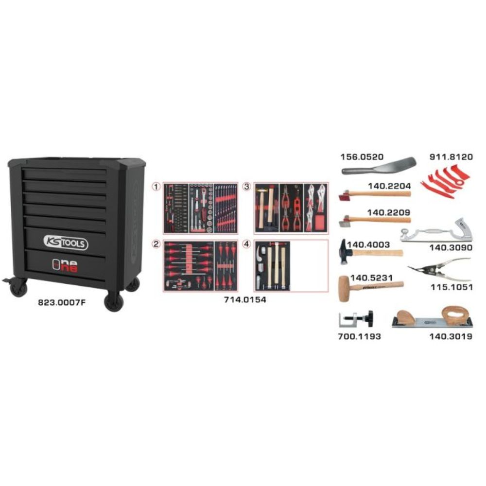 Servante ONE BY ONE 7 tiroirs composée d'outils pour la carrosserie 166 pcs - KS TOOLS - 823.7154F