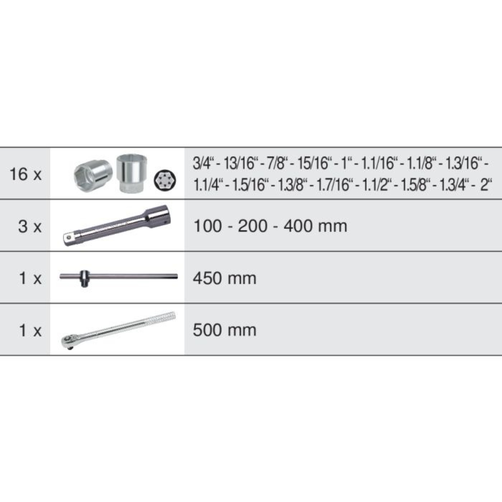 Coffret de 21 douilles 6 pans en pouces et accessoires 3/4