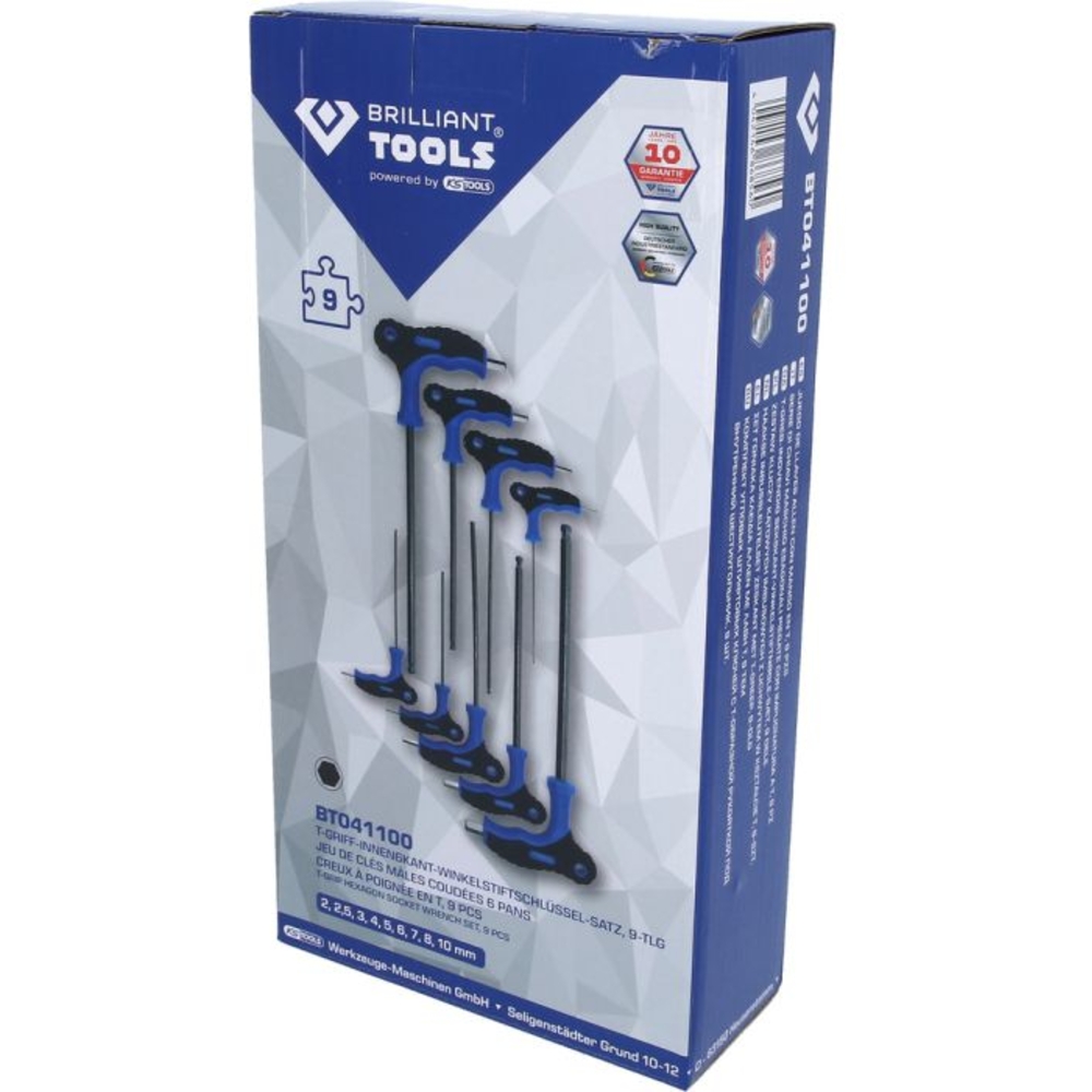 Jeu de clés mâles 6 pans tête sphérique à poignée en t 9 pcs BRILLIANT TOOLS - KS TOOLS - BT041100