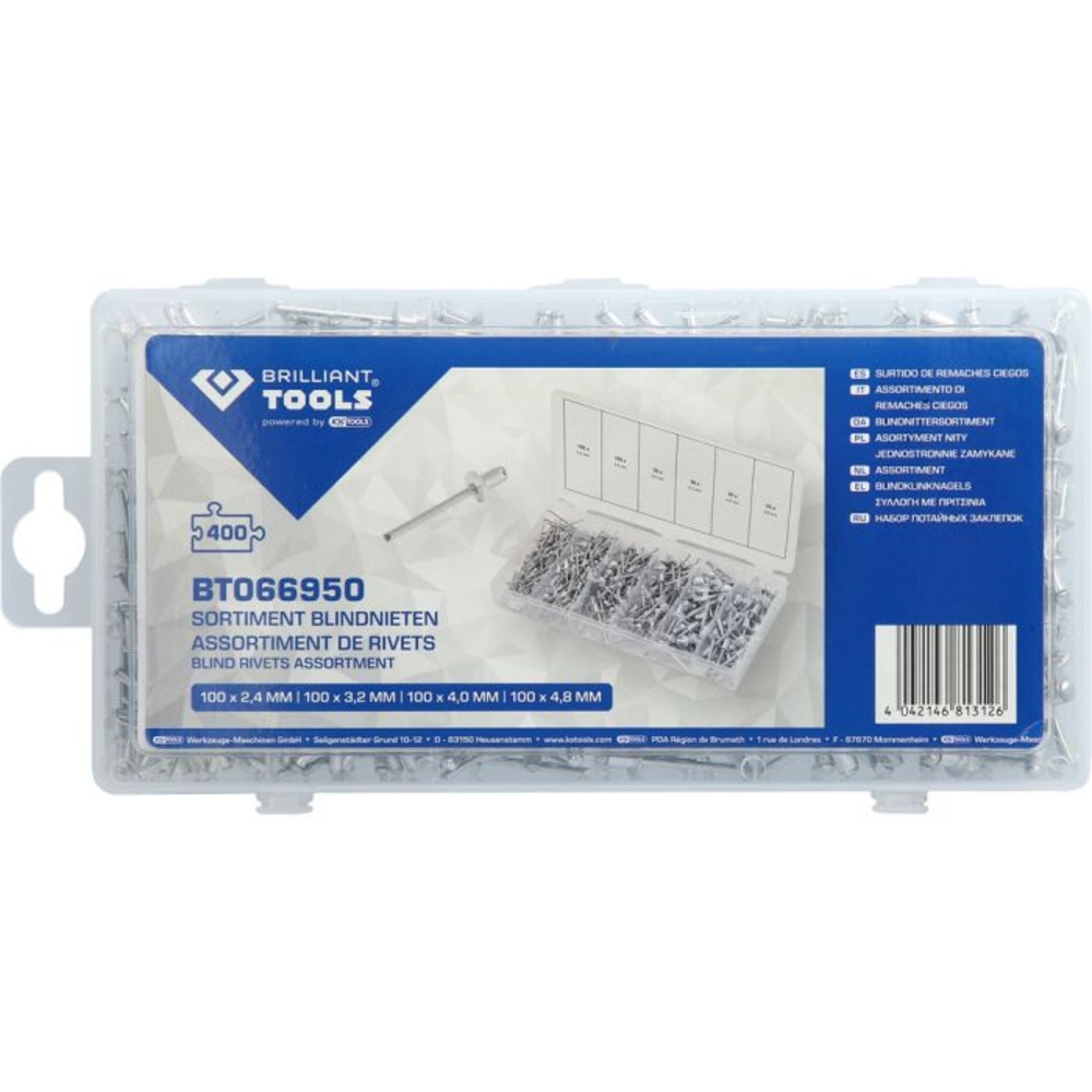 Assortiment de rivets aveugles 400 pcs 2,4-3,2-4-4,8mm BRILLIANT TOOLS - KS TOOLS - BT066950