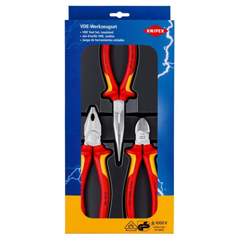 Assortiment de 3 outils - Jeu électricien - Bi-matière - Chromé - Isolés 1000V KNIPEX - 002012