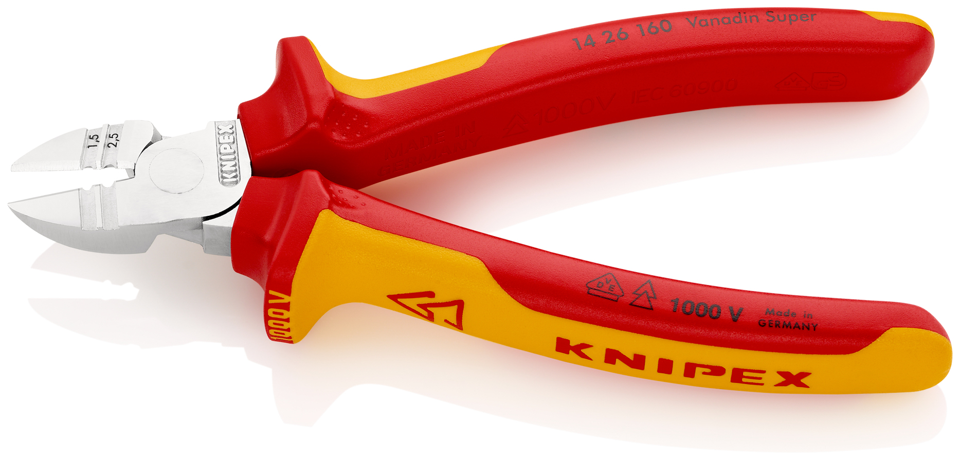 Pince coupante de côté - à dénuder 1,5 à 2,5mm² 160mm Bi-matière Chromé 1000V SC KNIPEX - 1426160SB