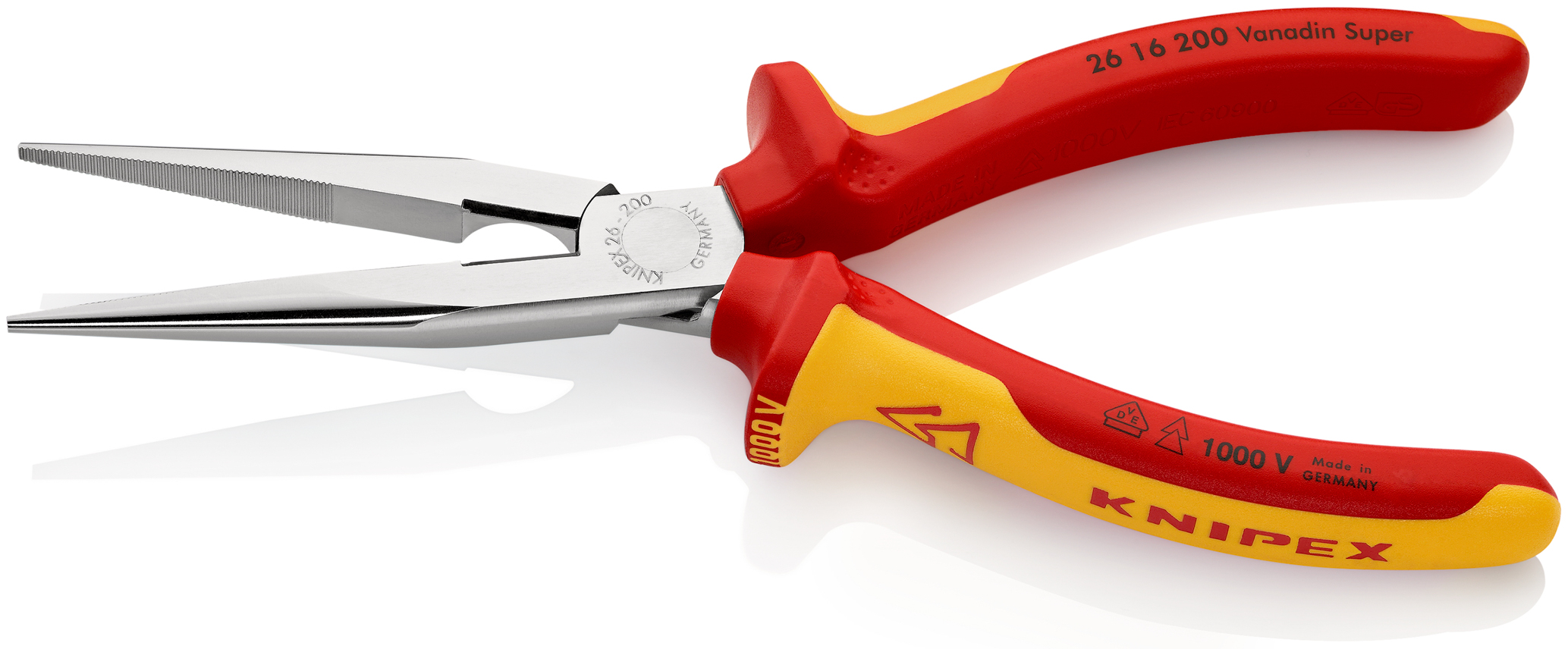 Pince becs demi-ronds 200mm Tranchant dureté 61HRC Bi-matière Chromée 1000V SC KNIPEX - 2616200SB