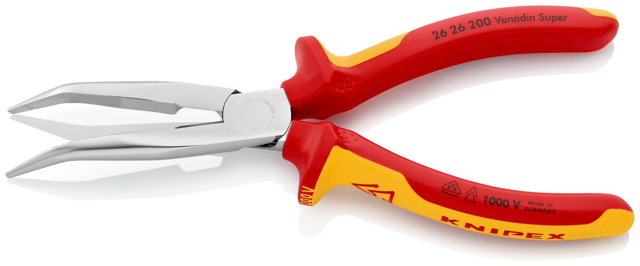 Pince becs demi-ronds 200mm coudés 40° avec tranchant Bi-matière Chromé 1000V SC KNIPEX - 2626200SB