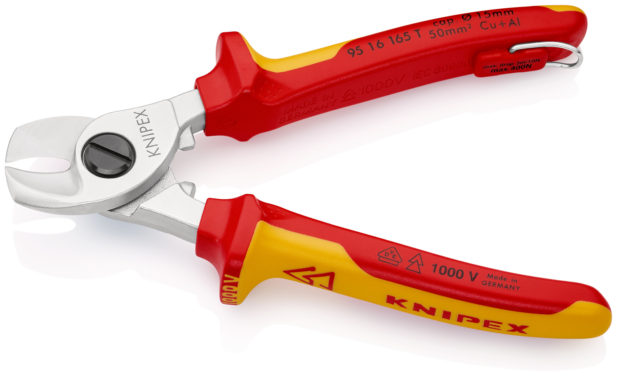 Coupe-câbles 165mm - D15mm/50mm² Cu/Al - Chromé - Isolé 1000V - illet antichute KNIPEX - 9516165T