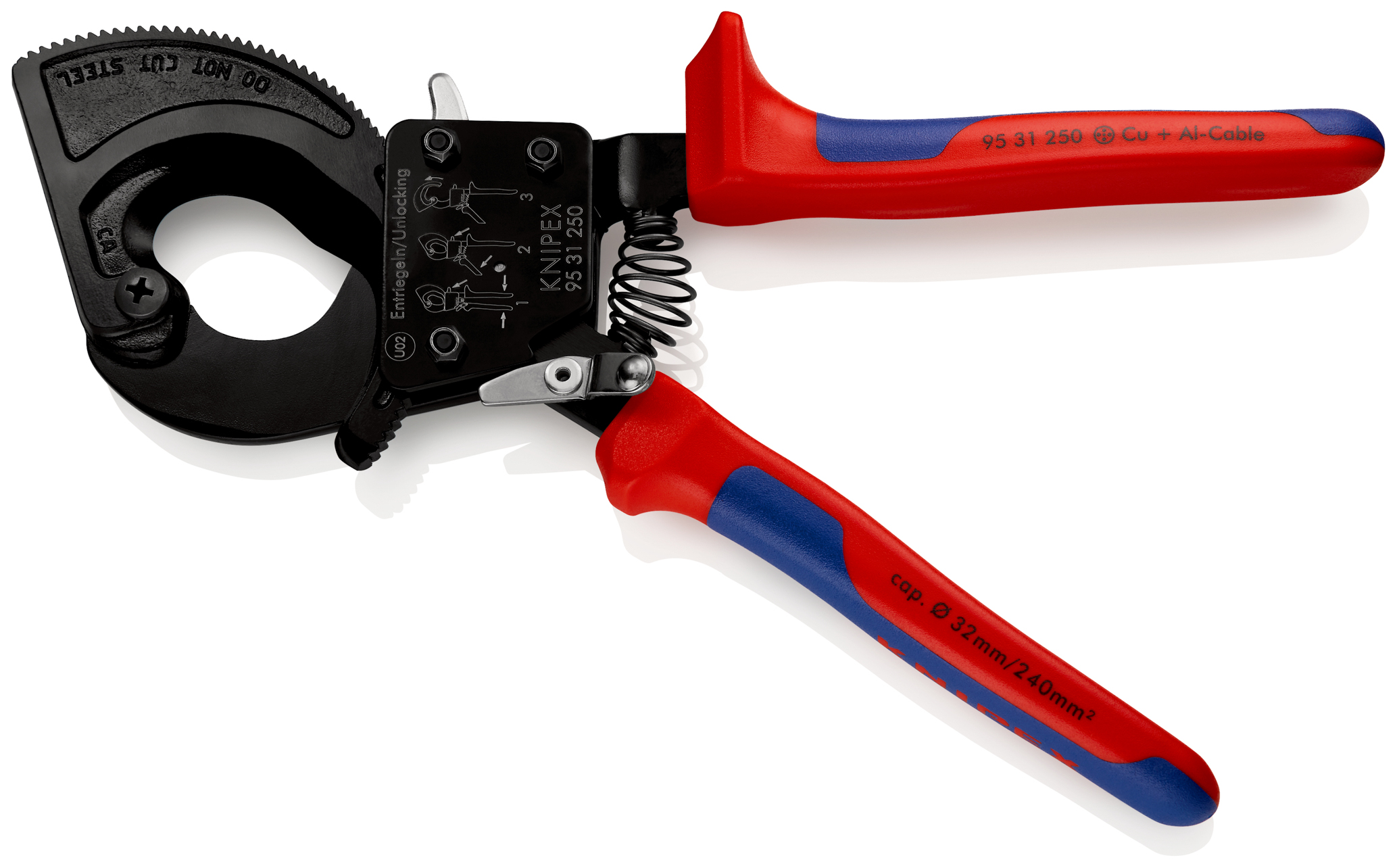 Coupe-câbles à cliquet 250mm - Cu/Al D32mm/240mm² - Gainage bi-matière KNIPEX - 9531250