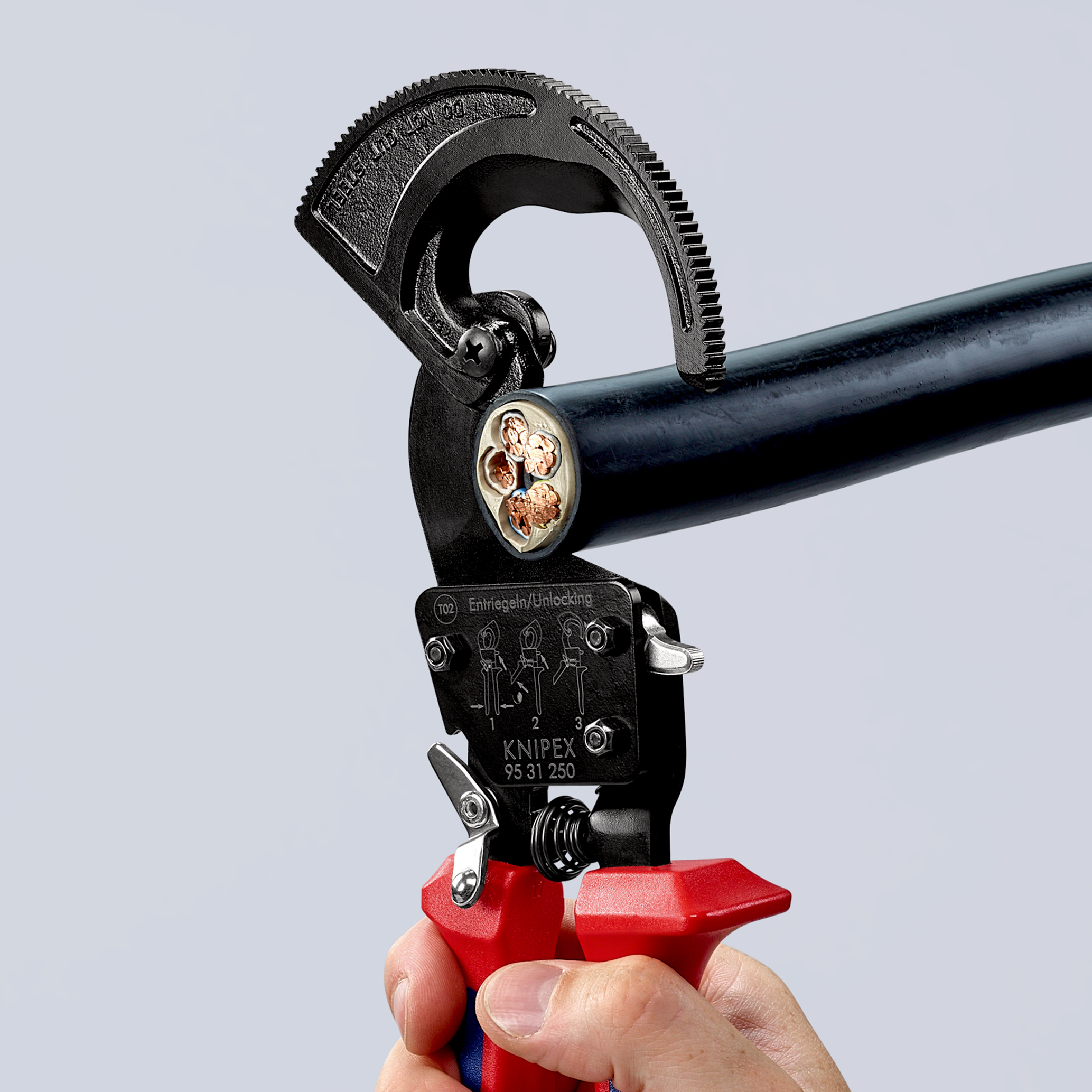 Coupe-câbles à cliquet 250mm - Cu/Al D32mm/240mm² - Gainage bi-matière KNIPEX - 9531250