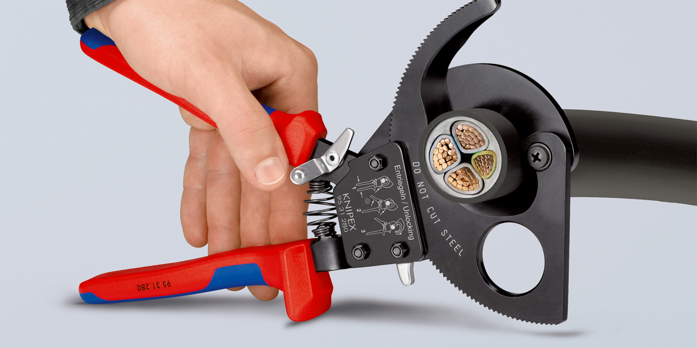 Coupe-câbles à cliquet 280mm - Cu/Al D52mm/380mm² - Gainage bi-matière KNIPEX - 9531280