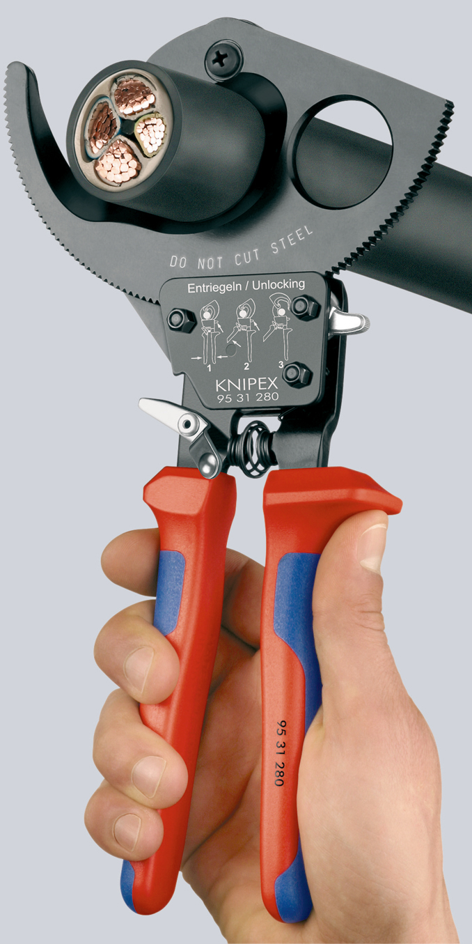 Coupe-câbles à cliquet 280mm - Cu/Al D52mm/380mm² - Gainage bi-matière KNIPEX - 9531280