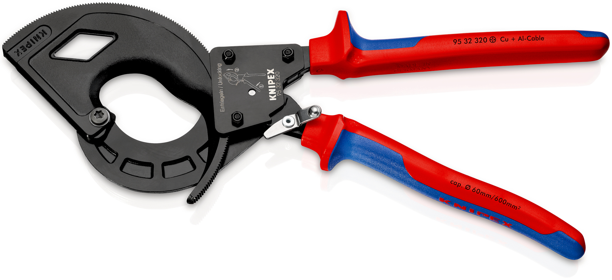 Coupe-câbles à cliquet 320mm - Cu/Al D60mm/600mm² - Gainage bi-matière KNIPEX - 9532320
